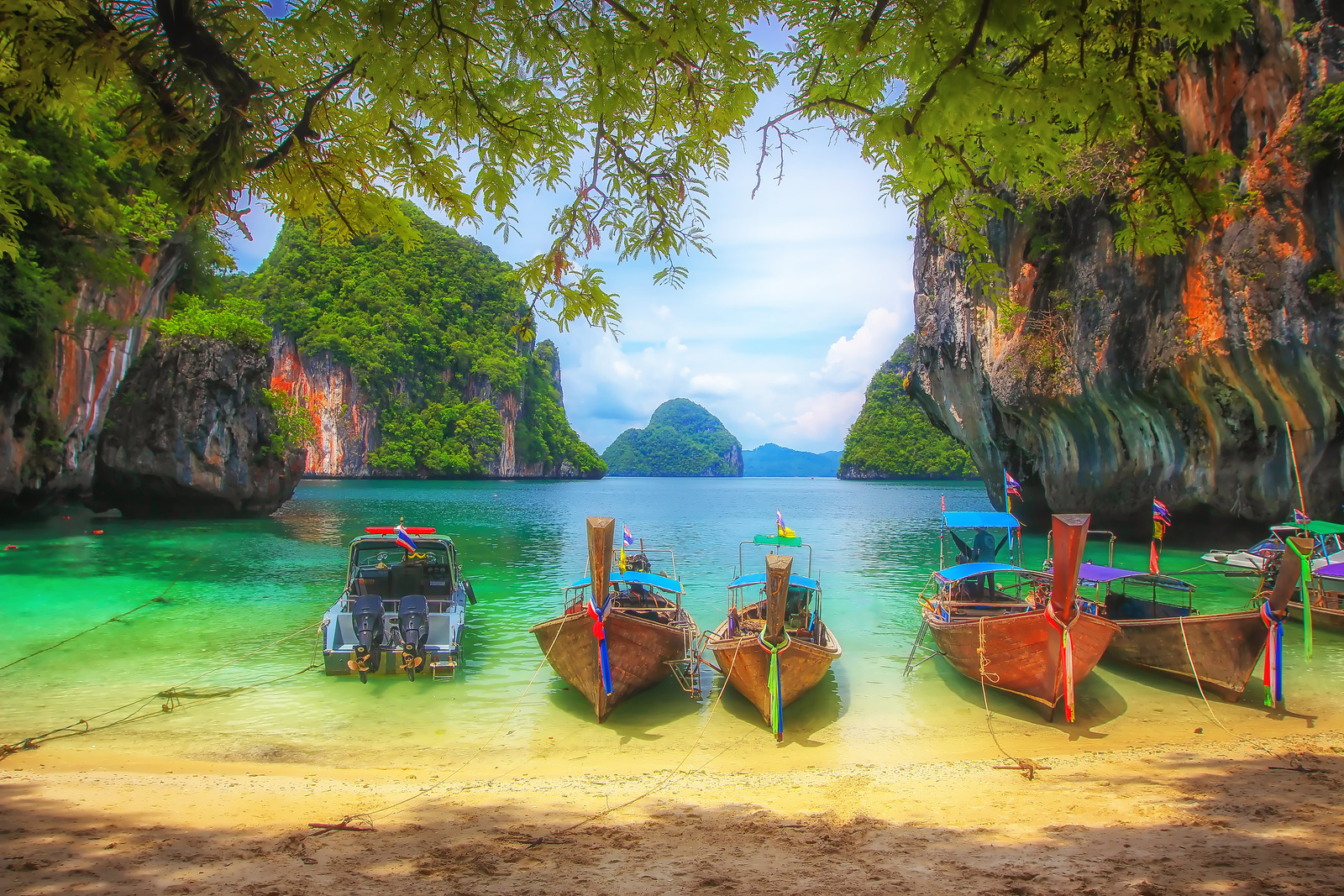 Long tail boats on beautiful beach and island,Krabi  province,Thailand